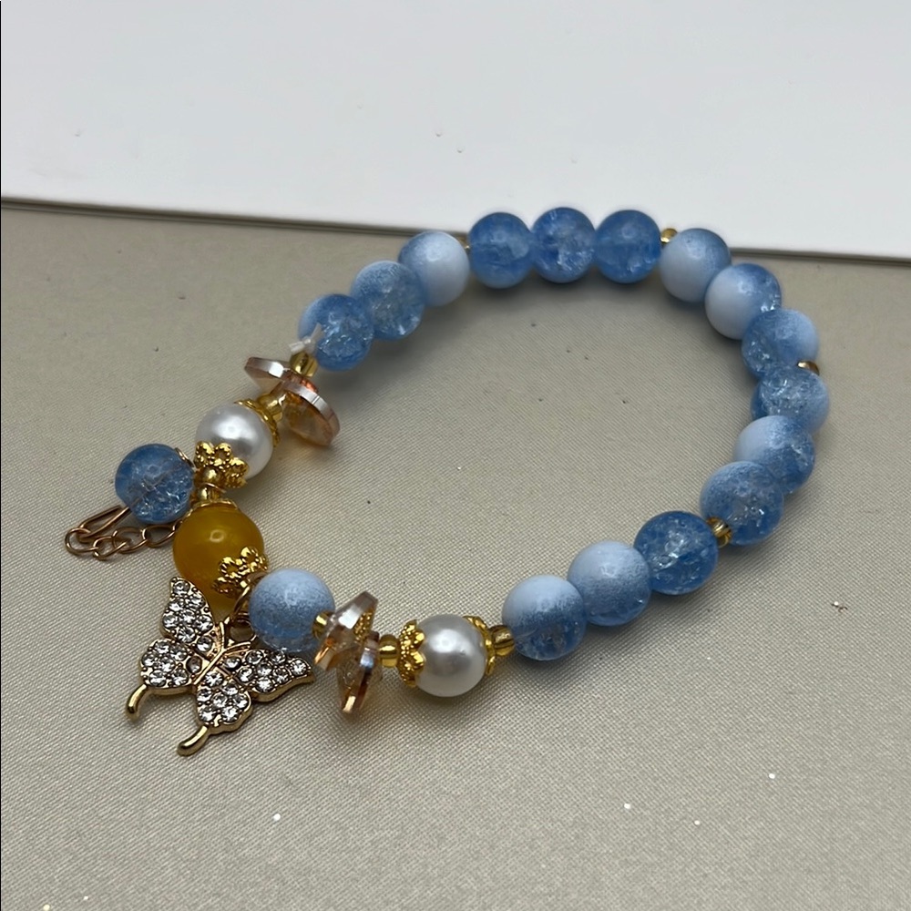 Blue and Gold Beaded Butterfly Charm Bracelet Stretchable NWOT